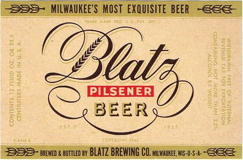 1946 Blatz Pilsener Beer (Withdrawn Free) 12oz WI288-81v0 Label Milwaukee Wisconsin