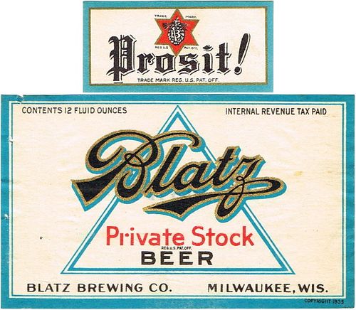 1938 Blatz Private Stock Beer 12oz WI288-65v2 Label Milwaukee Wisconsin