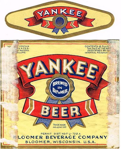 1933 Yankee Beer 12oz WI41-08 Label Bloomer Wisconsin