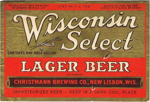 1933 Wisconsin Select Lager Beer Half Gallon Picnic WI371-04 Label New Lisbon Wisconsin