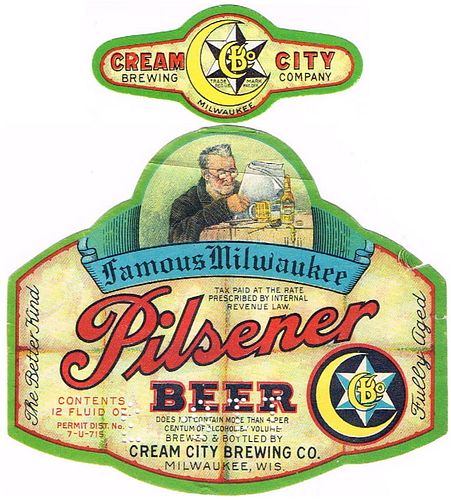1934 Cream City Pilsener Beer 12oz WI344-34V Label Milwaukee Wisconsin