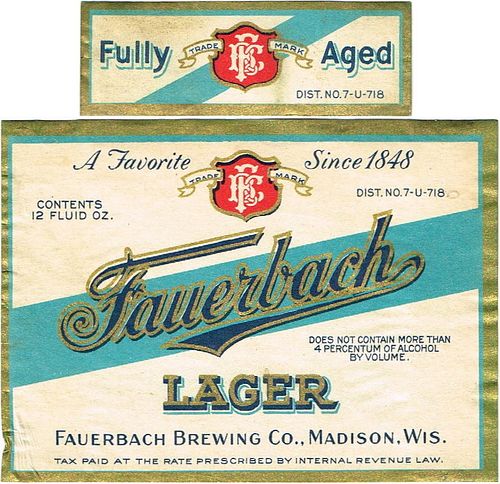 1934 Fauerbach Lager Beer 12oz WI241-21 Label Madison Wisconsin
