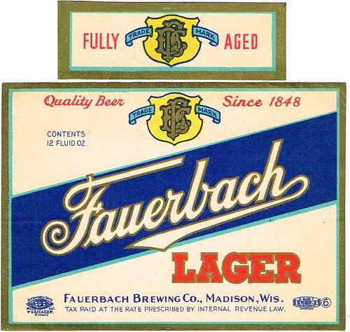 1938 Fauerbach Lager Beer 12oz WI241-25V Label Madison Wisconsin