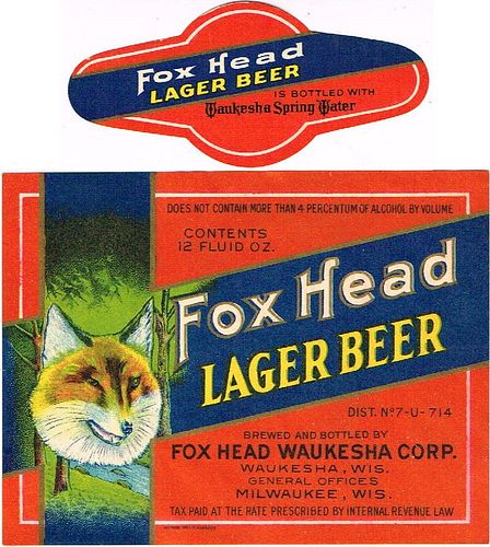 1934 Fox Head Lager Beer 12oz WI514-39V1 Label Waukesha Wisconsin