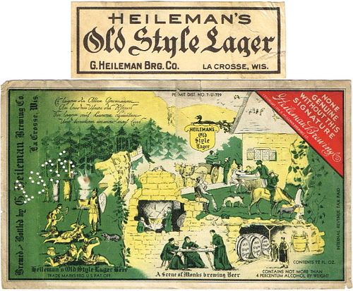 1935 Heileman's Old Style Lager Beer (87mm) 12oz WI215-26V4 Label La Crosse Wisconsin