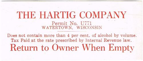 1933 Hartig Beer Keg Label Not In Books Label Watertown Wisconsin