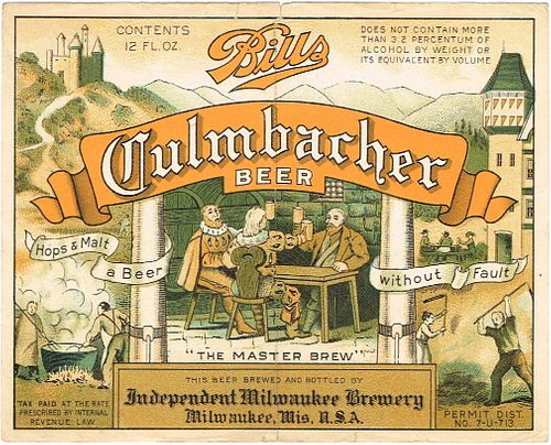 1933 Bills Culmbacher Beer 12oz WI311-31 Label Milwaukee Wisconsin