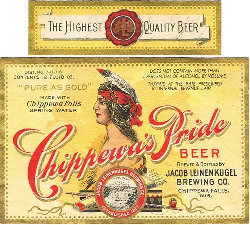 1933 Chippewa's Pride Beer 12oz WI67-15 Label Chippewa Falls Wisconsin