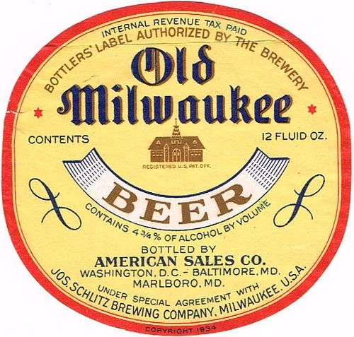 1937 Old Milwaukee Beer (American Sales Co.) 12oz WI316-OMY-e Label Milwaukee Wisconsin