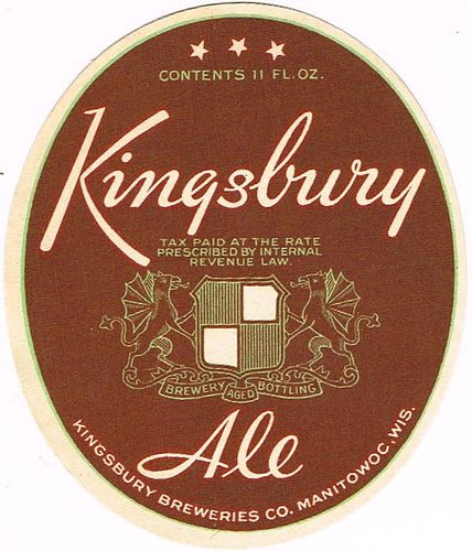 1933 Kingsbury Ale 11oz WI246-31v Label Manitowoc Wisconsin