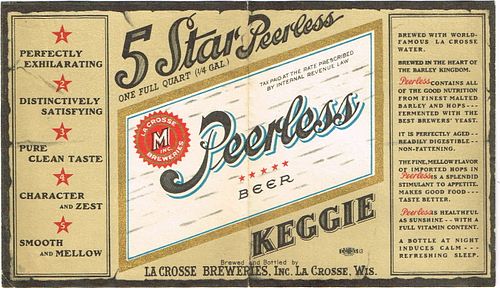 1937 5 Star Peerless Beer"Keggie" 32oz One Quart WI218-10 Label La Crosse Wisconsin