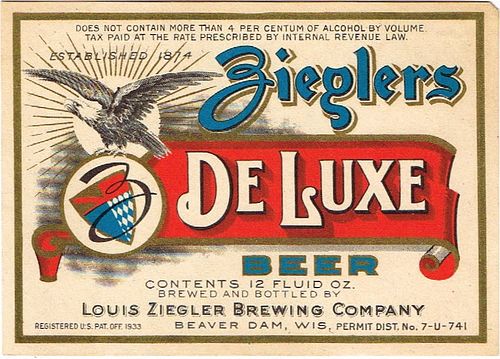 1936 Ziegler's De Luxe Beer 12oz WI28-04 Label Beaver Dam Wisconsin