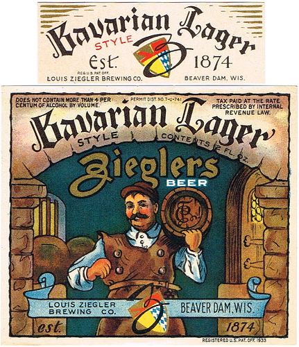 1935 Zieglers Bavarian Lager Beer 12oz WI28-02 Label Beaver Dam Wisconsin