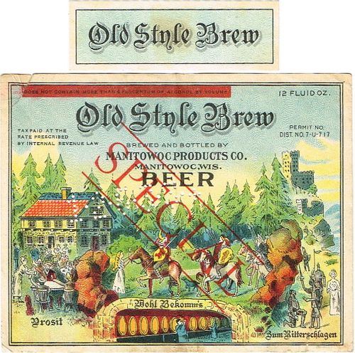 1933 Old Style Brew Special Beer 12oz WI246-23 Label Manitowoc Wisconsin