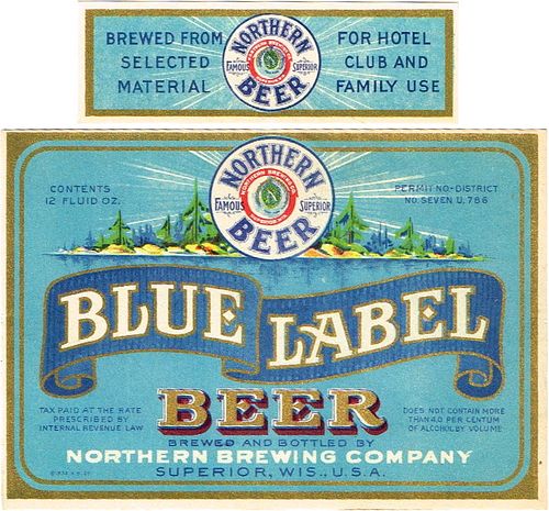 1933 Blue Label Beer 12oz WI480-04 Label Superior Wisconsin