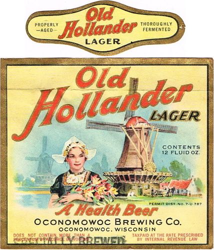 1933 Old Hollander Lager Beer 12oz WI377-06 Label Oconomowoc Wisconsin