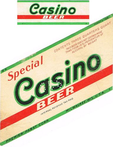 1933 Casino Special Beer 12oz WI286-82V Label Milwaukee Wisconsin