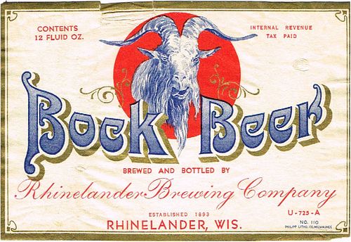 1935 Bock Beer 12oz WI431-02 Label Rhinelander Wisconsin