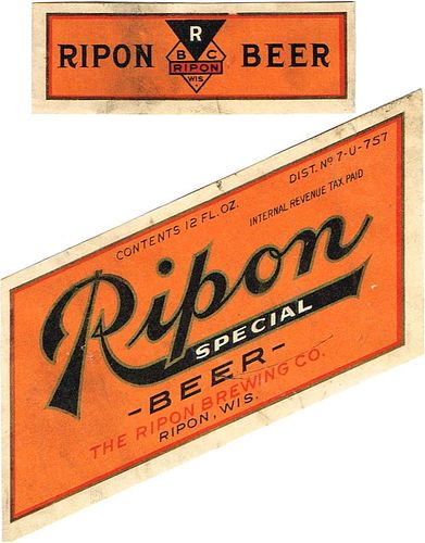 1934 Ripon Special Beer 12oz WI436-09 Label Ripon Wisconsin