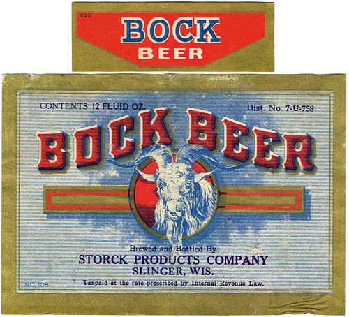 1934 Bock Beer 12oz WI453-16 Label Slinger Wisconsin