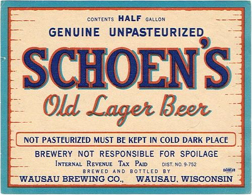 1934 Schoen's Old Lager Beer Half Gallon Picnic WI522-29 Label Wausau Wisconsin