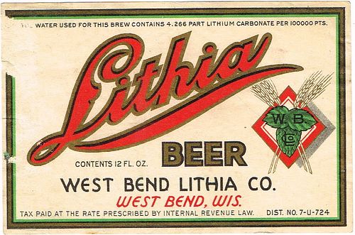 1935 Lithia Beer 12oz WI525-17 Label West Bend Wisconsin