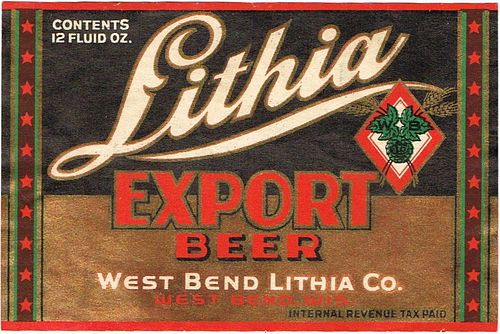 1942 Lithia Export Beer 12oz WI525-21 Label West Bend Wisconsin