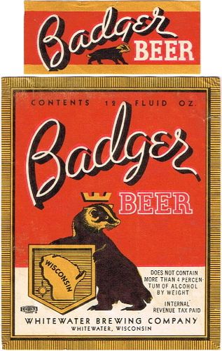 1937 Badger Beer 12oz WI536-16 Label Whitewater Wisconsin