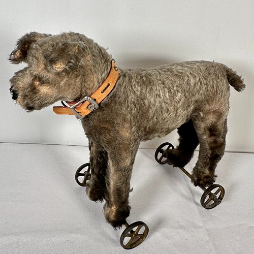 Vintage Mohair Toy Dog on Wheels