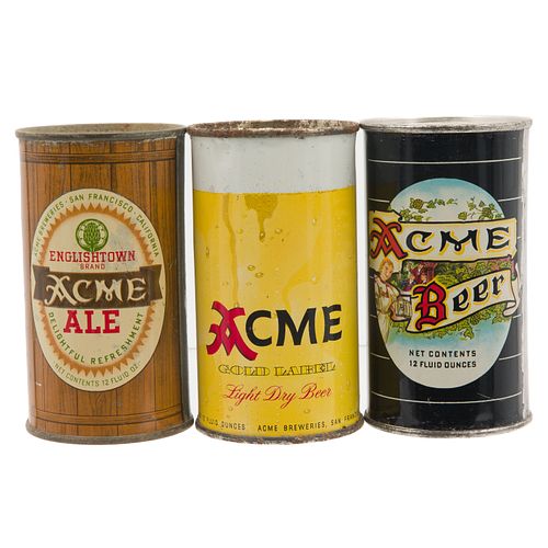 Three Acme Flat Top Beer Cans