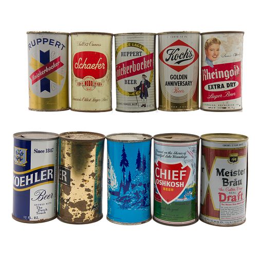 Group of ten flat top beer cans