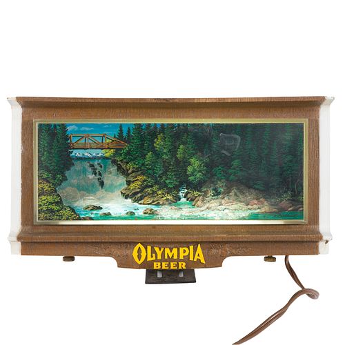 Two Olympia Beer waterfall signs
