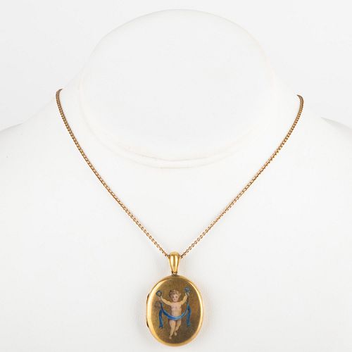 14k Gold and Enamel Locket on 14k Gold Chain