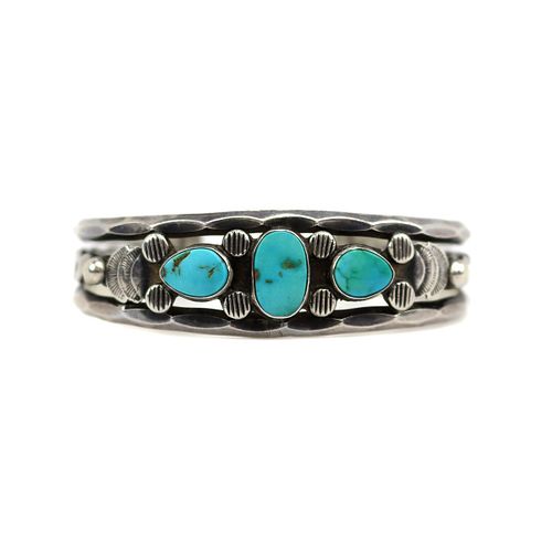 NO RESERVE - Navajo Turquoise and Silver Bracelet c. 1950s, size 6 (J15625-002)