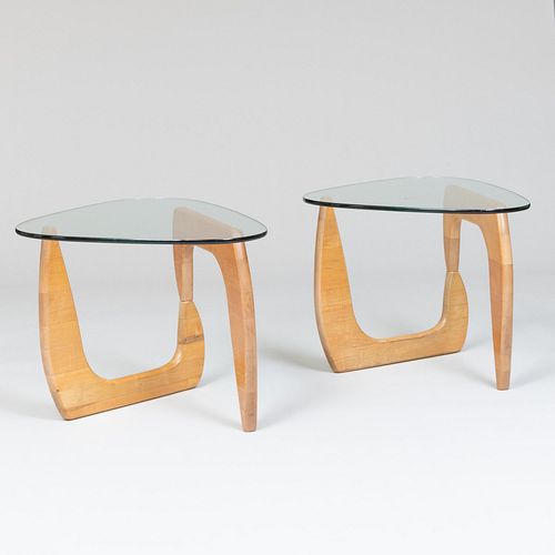 Pair of Noguchi Style Bleached Wood and Glass Low Tables