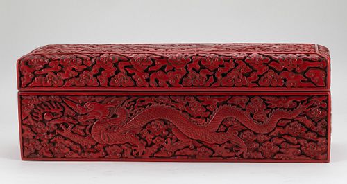 A RARE CARVED RED LACQUER  BOX  AND COVER