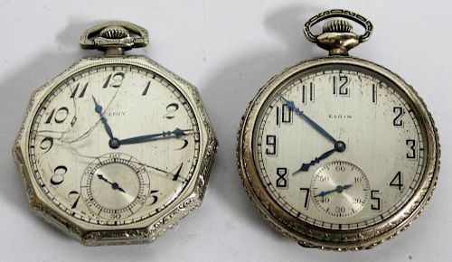 2 Elgin Antique White Gold-Filled Pocket Watches