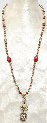 Tribal Ivorine & Faux Coral Beaded Necklace