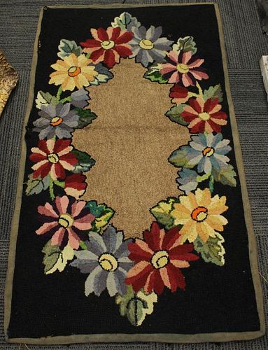 American Hooked Wool Floral Rug, 19th Century