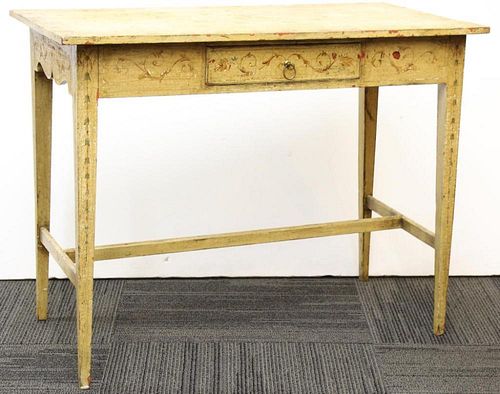 Vintage Yellow- & Floral-Painted One-Drawer Table