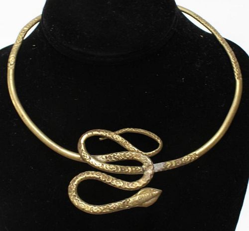 Tribal Incised Brass Snake-Form Torque Necklace