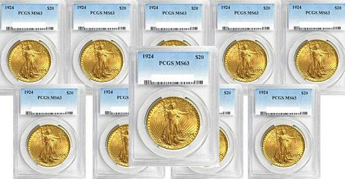 Constitutional U.S. Gold $20 Saint Gaudens PCGS MS63 (10-coins)