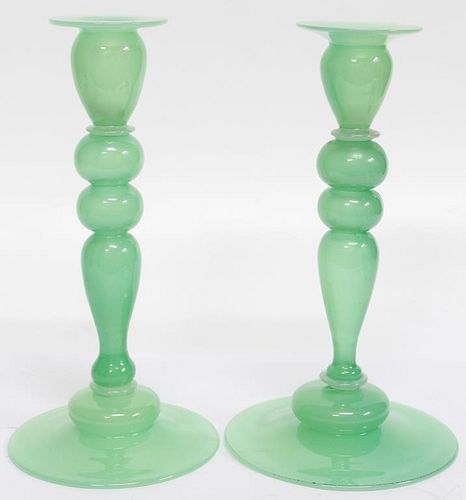 Pair of Green Art Glass Candlesticks