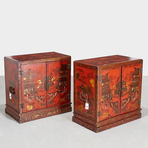Pair Chinese Export red lacquered cabinets