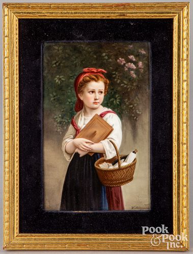 Painted porcelain plaque of a young girl