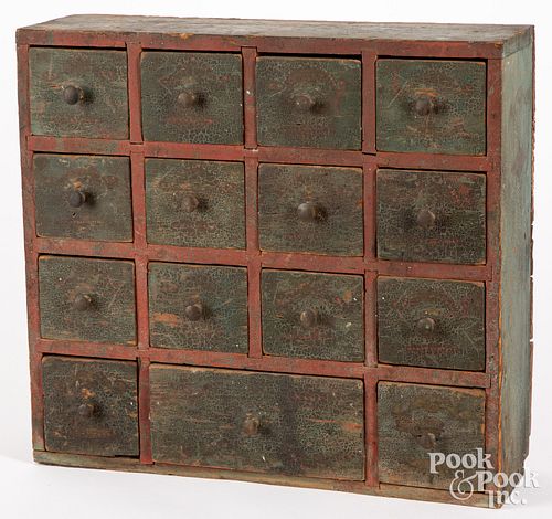Painted pine seed cabinet, 19th c., 15" h., 16 1/2