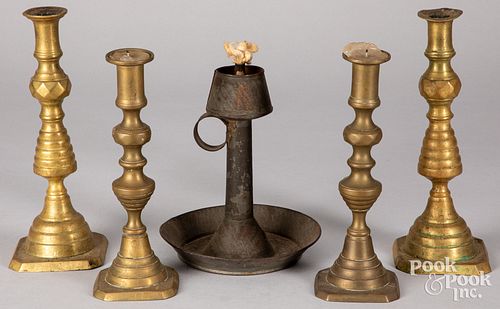 Two pairs of Victorian brass candlesticks, etc.