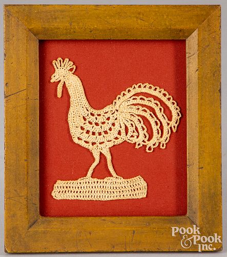 Small fabric rooster in an antique painted frame