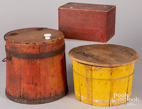 Two painted buckets and a slide lid box