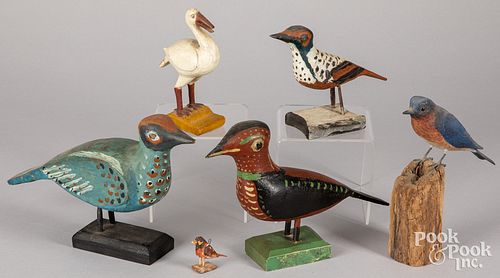 Six carved and painted birds, mid 20th c.